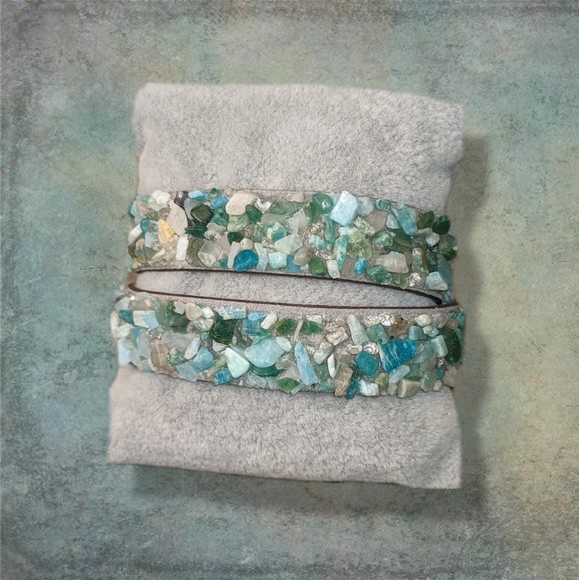 C1 Unique Natural Gemstone Double Wrap Bracelet Aqua Seafoam Green Mint Blue - Picture 14 of 17